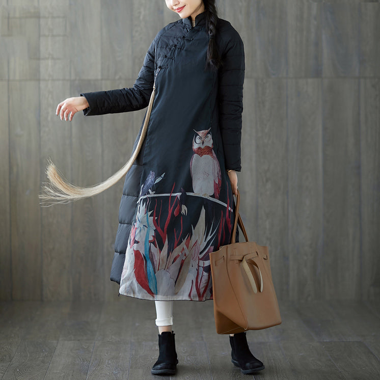 Warmer schwarzer Daunenmantel mit Print, übergroßer Stehkragen, Patchwork-Daunenjacke, chinesischer Button-Down-Mantel