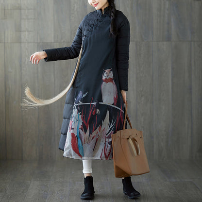 Warmer schwarzer Daunenmantel mit Print, übergroßer Stehkragen, Patchwork-Daunenjacke, chinesischer Button-Down-Mantel