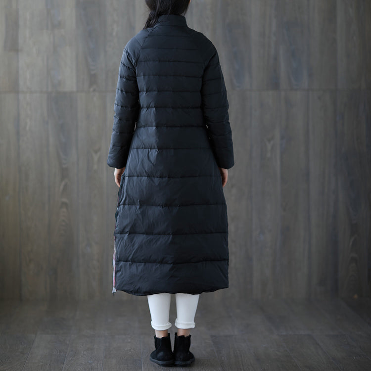 Warmer schwarzer Daunenmantel mit Print, übergroßer Stehkragen, Patchwork-Daunenjacke, chinesischer Button-Down-Mantel