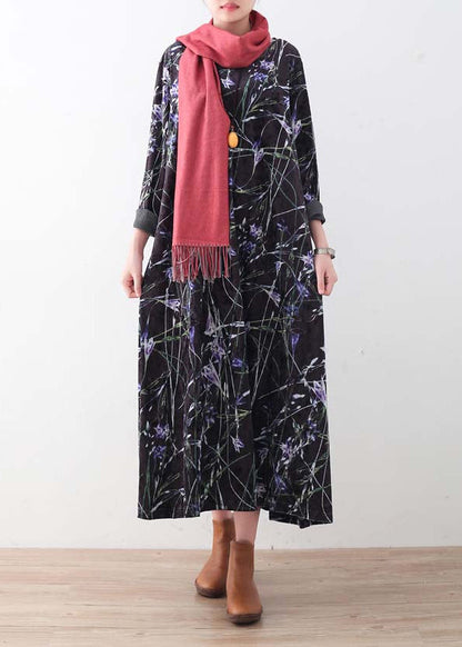 Warme, schwarz-violett bedruckte Seidencordkleider, übergroße Winterkleider, elegantes langes Kleid mit Rundhalsausschnitt