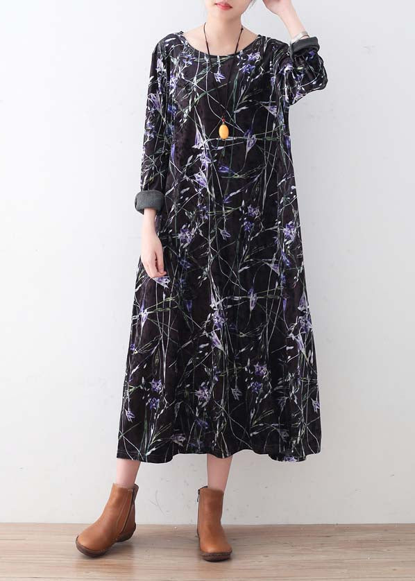Warme, schwarz-violett bedruckte Seidencordkleider, übergroße Winterkleider, elegantes langes Kleid mit Rundhalsausschnitt