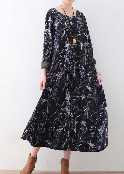 Warme, schwarz-violett bedruckte Seidencordkleider, übergroße Winterkleider, elegantes langes Kleid mit Rundhalsausschnitt