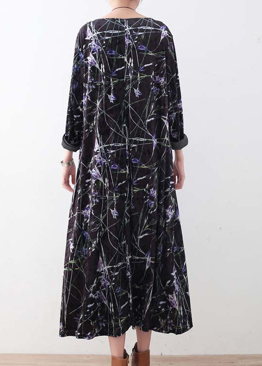 Warme, schwarz-violett bedruckte Seidencordkleider, übergroße Winterkleider, elegantes langes Kleid mit Rundhalsausschnitt