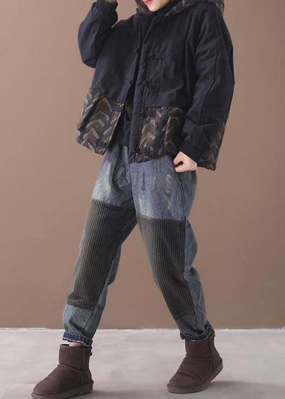 Warm black women parka plus size Jackets & Coats patchwork hooded short outwear - SooLinen