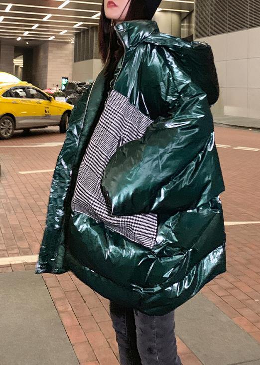 Warm green patchwork winter parkas oversize down jacket overcoat hooded - SooLinen