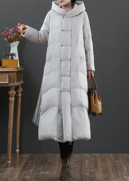 Warm light gray duck down coat plus size winter jacket hooded zippered Elegant overcoat - SooLinen