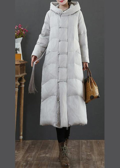 Warm light gray duck down coat plus size winter jacket hooded zippered Elegant overcoat - SooLinen