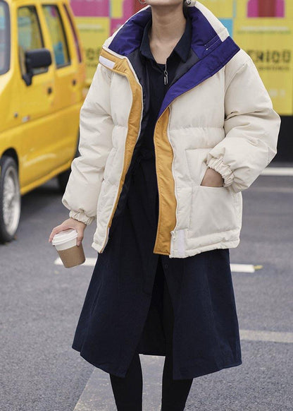 Warm nude women parka Loose fitting warm stand collar pockets winter coat - SooLinen