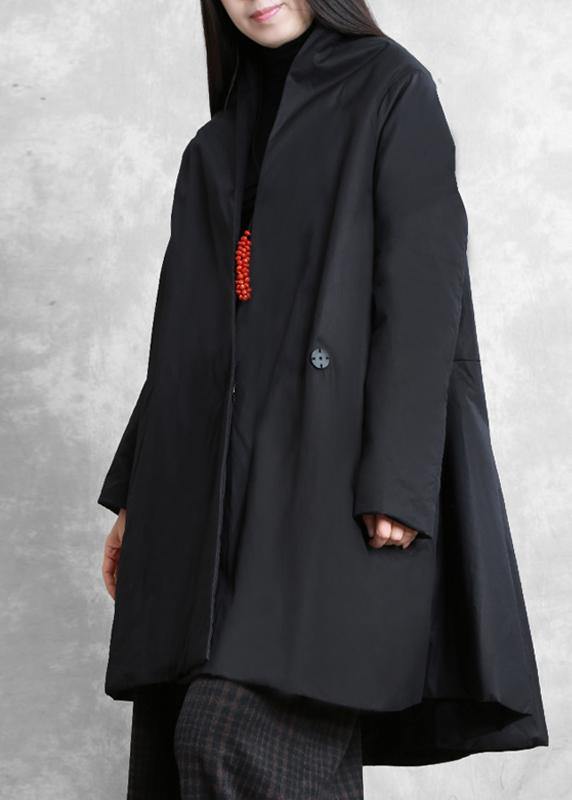 Warm oversize down jacket overcoat black v neck pockets coats - SooLinen