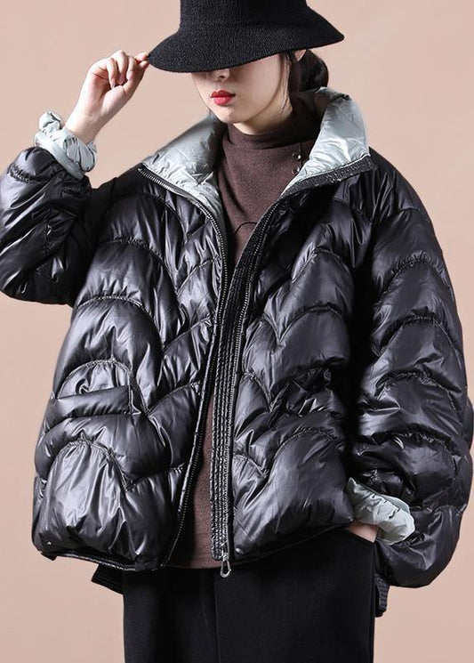 Warm oversize snow jackets overcoat black stand collar zippered warm winter coat - SooLinen