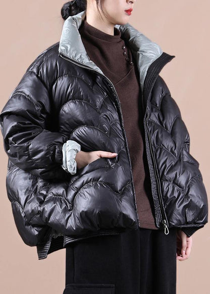 Warm oversize snow jackets overcoat black stand collar zippered warm winter coat - SooLinen