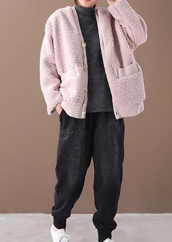 Warm oversized warm winter coat outwear pink v neck thick winter jacket - SooLinen