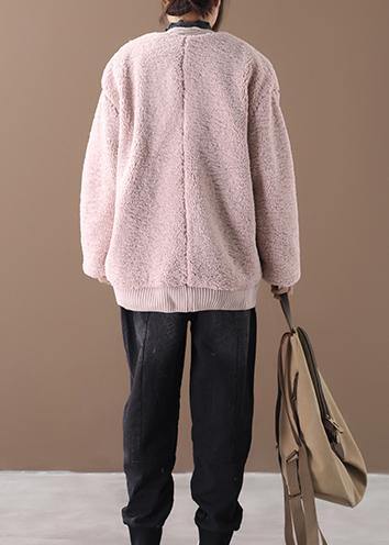 Warm oversized warm winter coat outwear pink v neck thick winter jacket - SooLinen