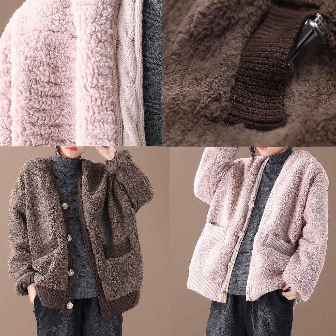 Warm oversized warm winter coat outwear pink v neck thick winter jacket - SooLinen