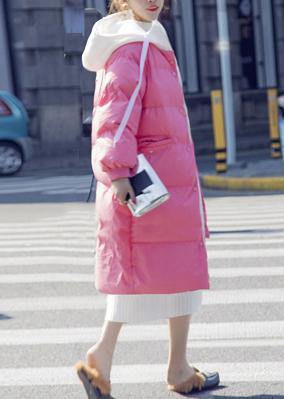 Warm pink down coat winter Loose fitting down jacket hooded drawstring fine coats - SooLinen