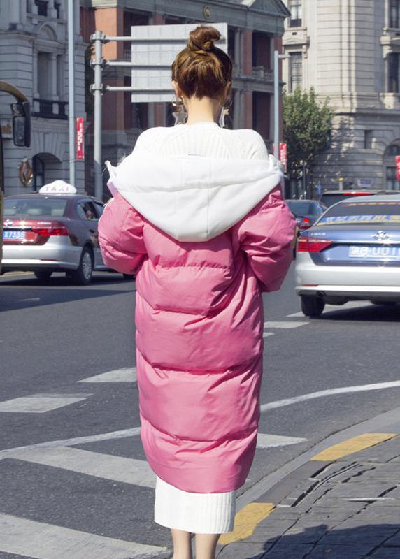 Warm pink down coat winter Loose fitting down jacket hooded drawstring fine coats - SooLinen