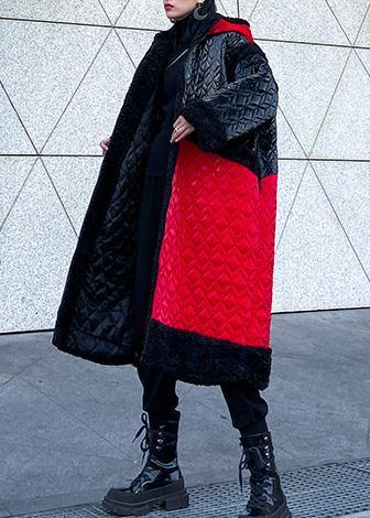 Warm plus size down jacket hooded coats red patchwork casual outfit - SooLinen