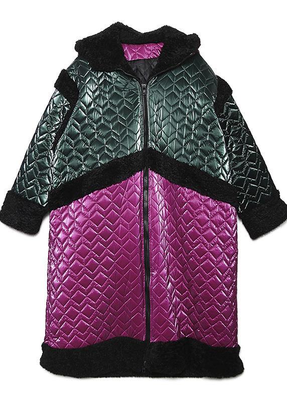 Warm plus size down jacket hooded coats red patchwork casual outfit - SooLinen