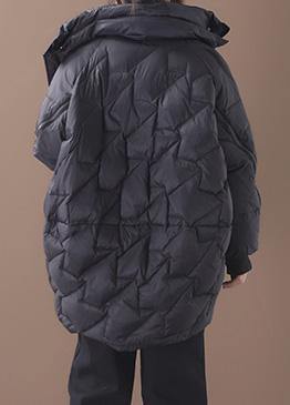 Warm plus size down jacket stand collar black zippered duck down coat - SooLinen