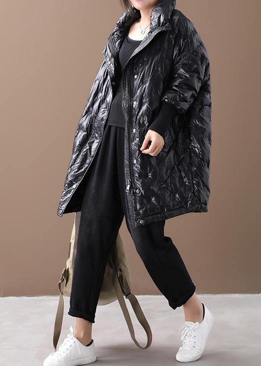 Warm plus size jackets coats black stand collar zippered goose Down coat - SooLinen
