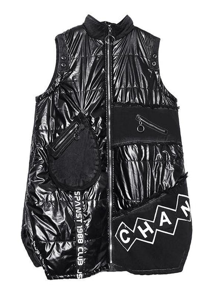 Warm plus size warm winter outwear black stand collar sleeveless patchwork Parkas - SooLinen