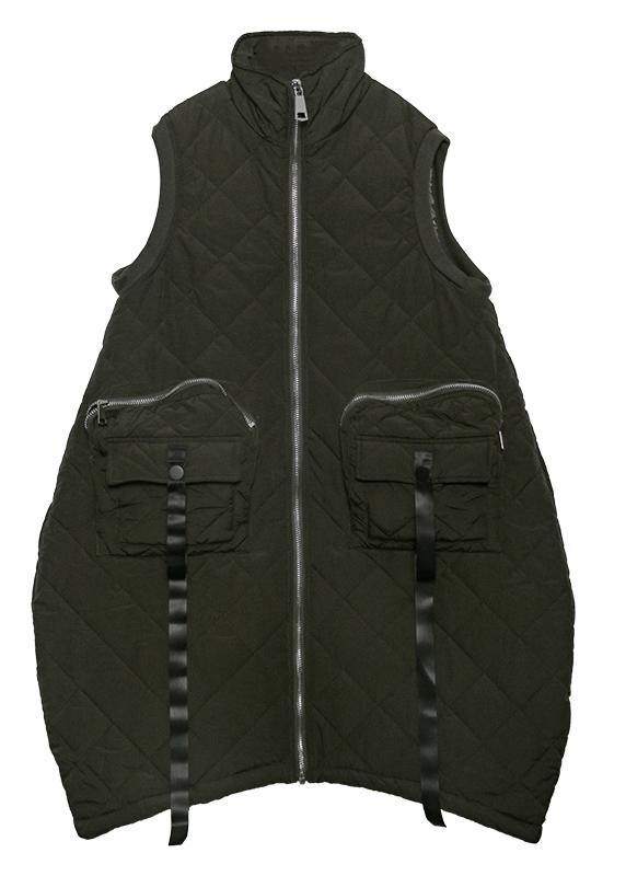 Warm plus size winter outwear green stand collar pockets sleeveless womens parkas - SooLinen