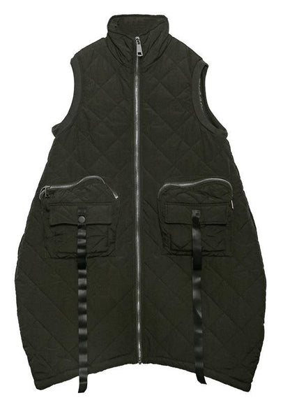 Warm plus size winter outwear green stand collar pockets sleeveless womens parkas - SooLinen