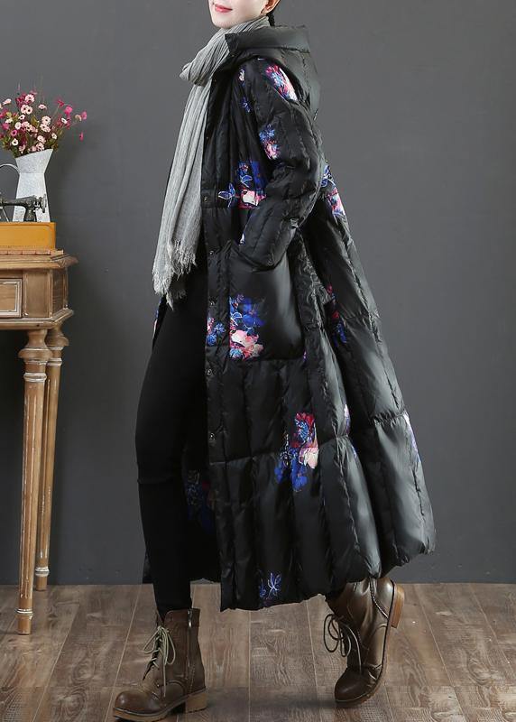 Warm plus size womens parka coats black print hooded pockets goose Down coat - SooLinen