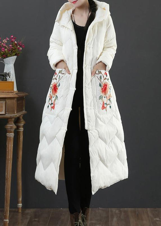 Warm plus size womens parka winter outwear beige embroidery hooded duck down coat - SooLinen