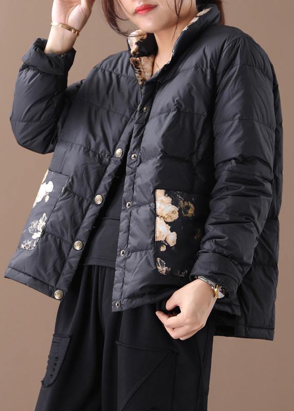 Warm women parka coats black patchwork print stand collar pockets warm winter coat - SooLinen
