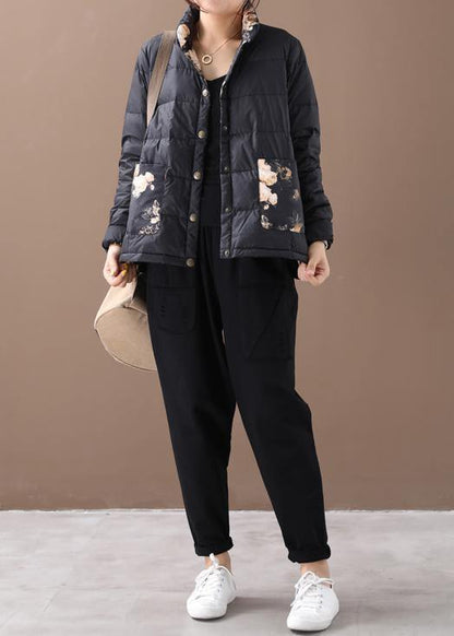 Warm women parka coats black patchwork print stand collar pockets warm winter coat - SooLinen