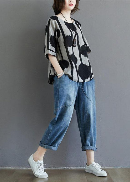 Water Ink Polka Dot Stripe Printed Cotton Linen T-shirt - SooLinen