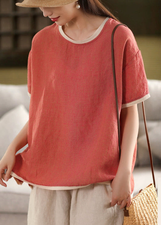 Watermelon Red Button Solid Patchwork Linen Summer T Shirt O Neck