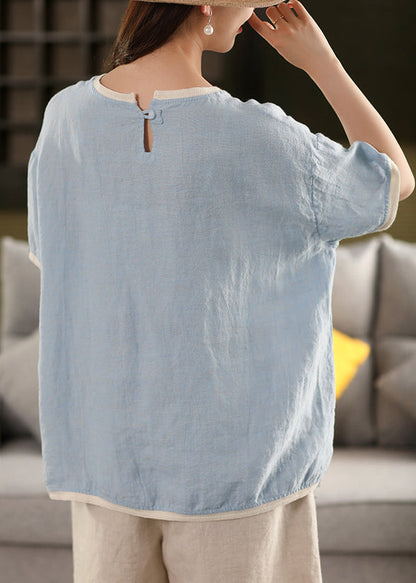Watermelon Red Button Solid Patchwork Linen Summer T Shirt O Neck