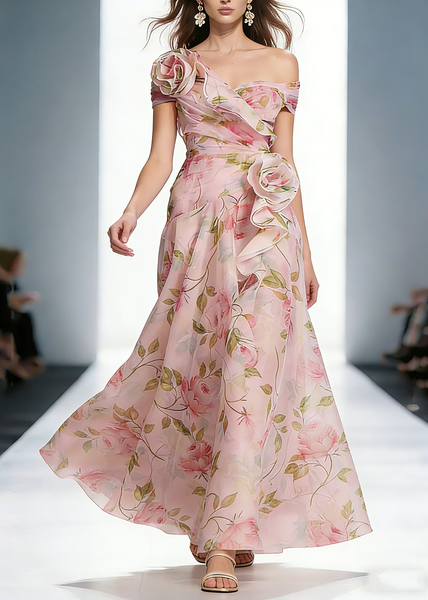 Wedding Pink Ruffled Print Organza Long Dress Summer