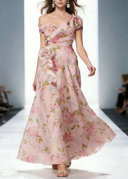 Wedding Pink Ruffled Print Organza Long Dress Summer