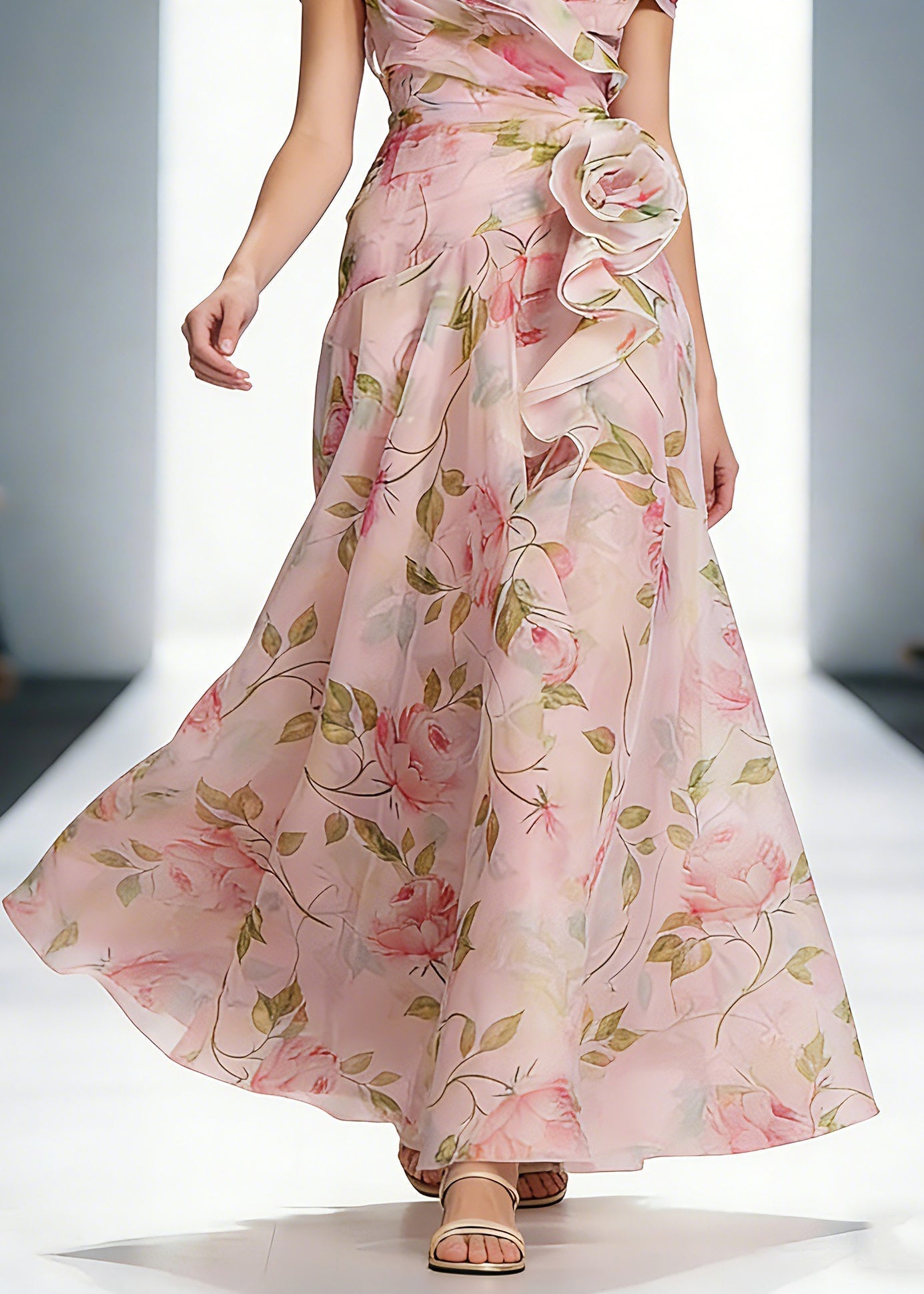 Wedding Pink Ruffled Print Organza Long Dress Summer