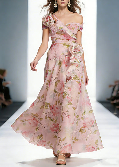 Wedding Pink Ruffled Print Organza Long Dress Summer