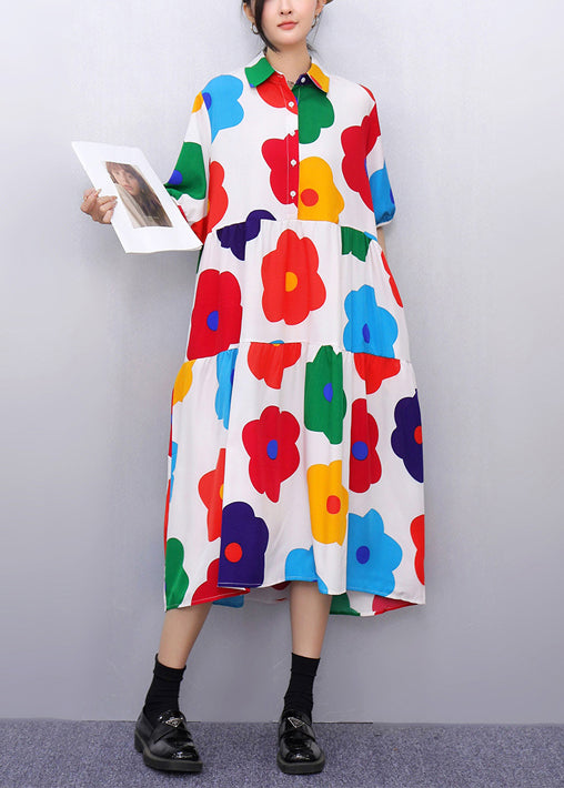 White Button Print Cotton Shirts Dress Peter Pan Collar Summer