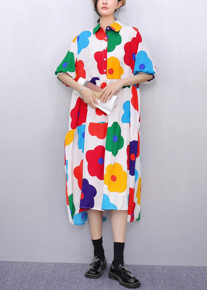 White Button Print Cotton Shirts Dress Peter Pan Collar Summer