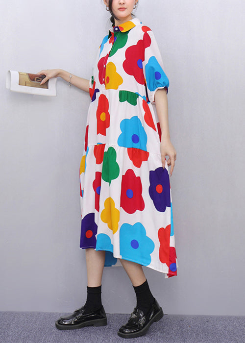 White Button Print Cotton Shirts Dress Peter Pan Collar Summer