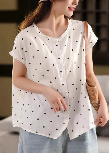 White Button Print Linen Summer Shirt Ruffled
