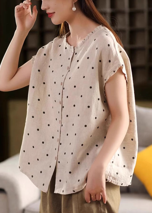 White Button Print Linen Summer Shirt Ruffled