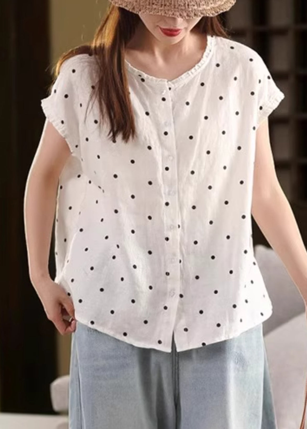 White Button Print Linen Summer Shirt Ruffled