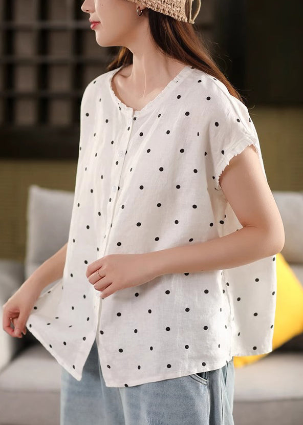 White Button Print Linen Summer Shirt Ruffled