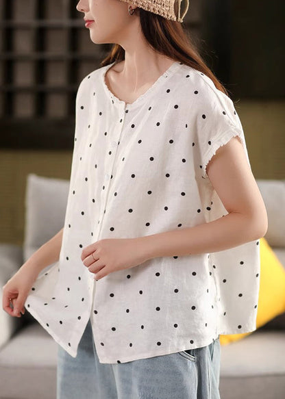 White Button Print Linen Summer Shirt Ruffled
