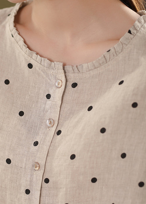 White Button Print Linen Summer Shirt Ruffled