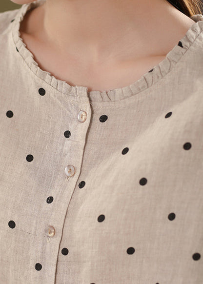 White Button Print Linen Summer Shirt Ruffled