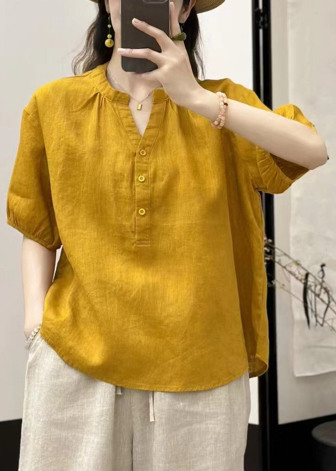 White Button Solid Linen Summer Shirts V Neck