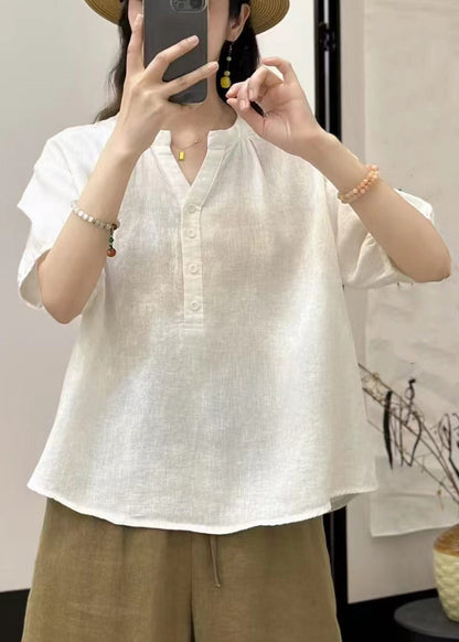 White Button Solid Linen Summer Shirts V Neck